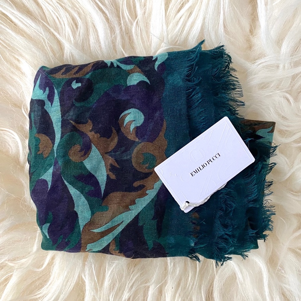 Emilio Pucci Green Printed Cashmere Blend Scarf